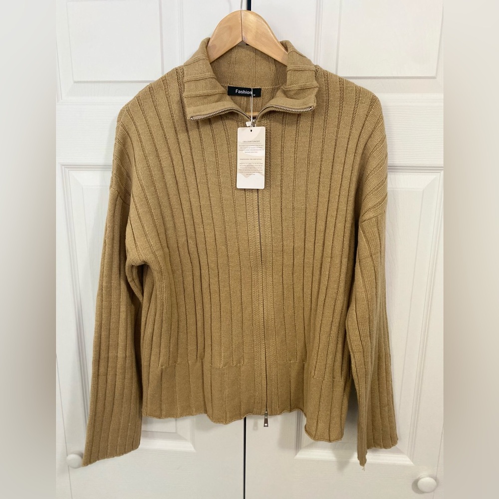 Tan Ribbed Zip-Up Sweater